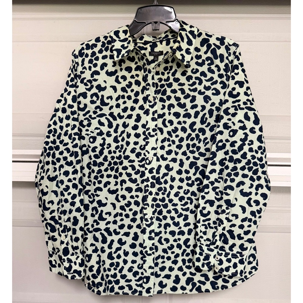 Talbots Petite XL Long Sleeve Cotton Button Down Shirt Mint Navy Leopard Print